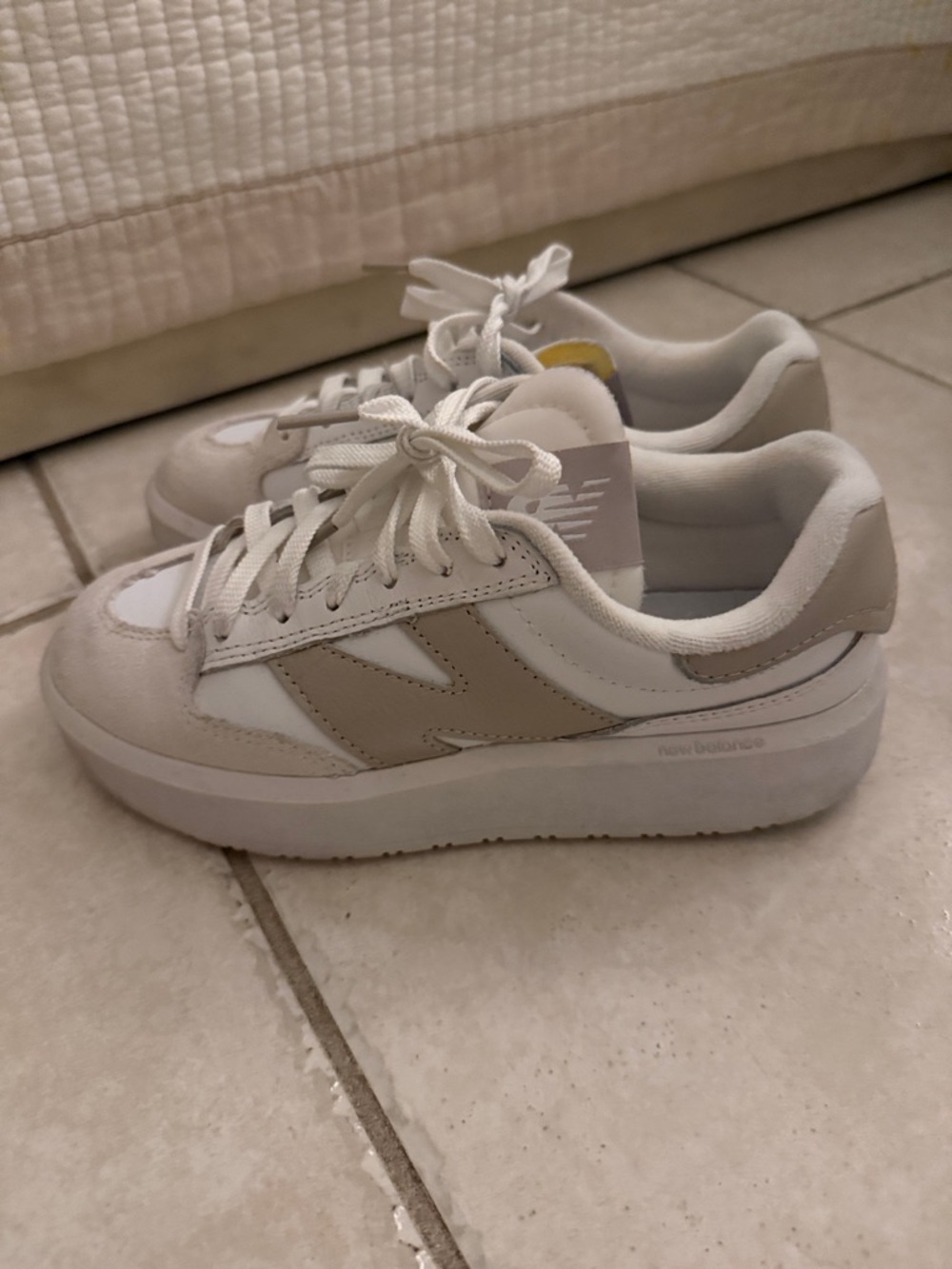 New Balance Women’s White and Taupe Platform Sneakers